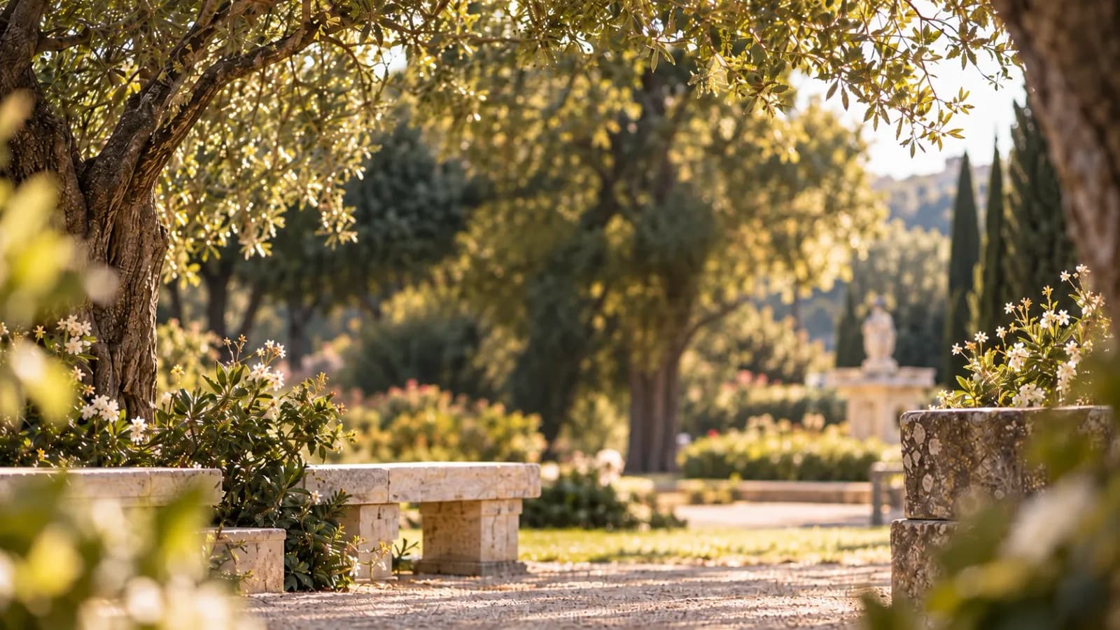 Les allées et les bancs de pierre du parc du Grand Séminaire