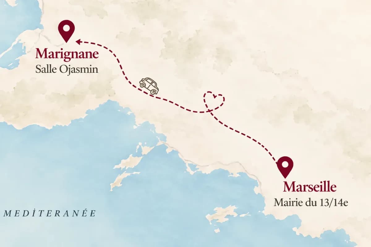 Carte illustrée : de la mairie de Marseille vers la Salle Ojasmin à Marignane